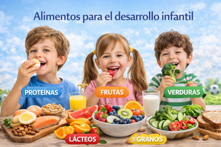 Niños comiendo alimentos saludables como frutas, verduras, proteínas, lácteos y granos que apoyan el desarrollo infantil y el crecimiento saludable.