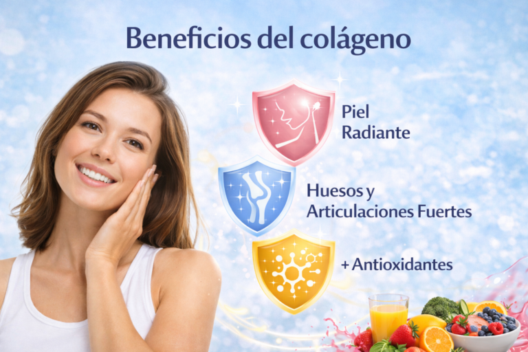 Mujer con piel saludable junto a una ilustración sobre los beneficios del colágeno para la piel, huesos, articulaciones y su acción antioxidante.