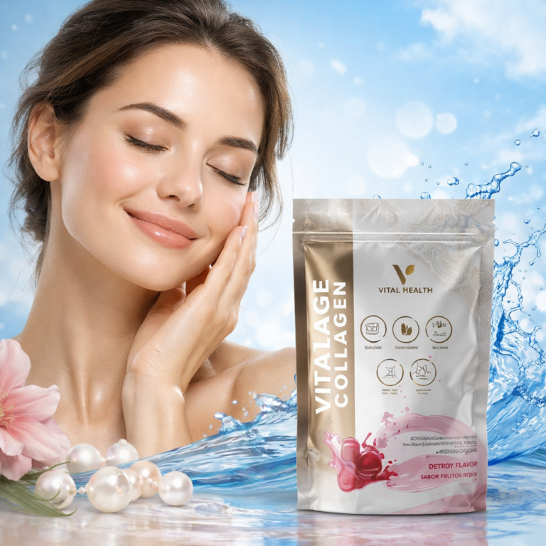 Mujer con piel luminosa junto al suplemento Vitalage Collagen de Vital Health, colágeno hidrolizado con ácido hialurónico que apoya la salud de la piel, cabello y articulaciones.