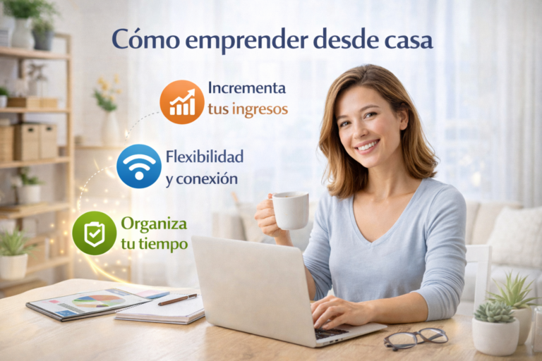 Mujer trabajando en una computadora portátil desde casa representando cómo emprender desde casa con flexibilidad, organización del tiempo y oportunidades para generar ingresos.