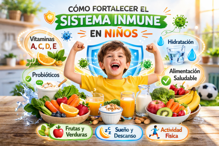 Imagen educativa sobre cómo fortalecer el sistema inmune en niños con alimentos saludables, vitaminas A C D E, frutas, verduras, probióticos, hidratación y hábitos saludables.