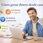 Hombre trabajando en una laptop desde su hogar mostrando cómo ganar dinero desde casa mediante un negocio online con flexibilidad, ingresos adicionales y trabajo remoto.