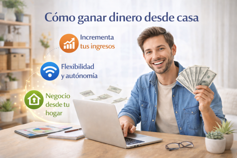 Hombre trabajando en una laptop desde su hogar mostrando cómo ganar dinero desde casa mediante un negocio online con flexibilidad, ingresos adicionales y trabajo remoto.