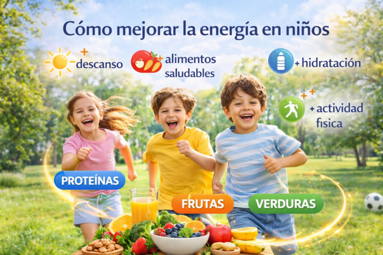 Niños corriendo y jugando en un parque con alimentos saludables como frutas, verduras y proteínas representando cómo mejorar la energía en niños con buena alimentación, hidratación y actividad física.
