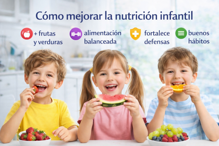 Niños comiendo frutas frescas como parte de una alimentación saludable, representando cómo mejorar la nutrición infantil con frutas, verduras y hábitos saludables para el crecimiento.