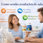 Persona mostrando suplementos de salud mientras explica cómo vender productos de salud destacando conocer las necesidades del cliente, escuchar, compartir información y promocionar beneficios.