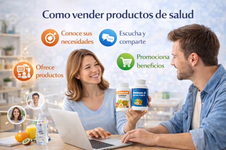 Persona mostrando suplementos de salud mientras explica cómo vender productos de salud destacando conocer las necesidades del cliente, escuchar, compartir información y promocionar beneficios.