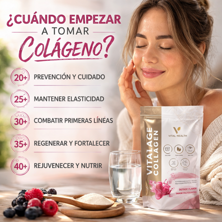 Imagen informativa sobre cuándo empezar a tomar colágeno con el suplemento Vitalage Collagen de Vital Health, mostrando etapas de edad y beneficios para la piel, elasticidad y cuidado del envejecimiento.