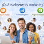 Ilustración educativa que explica qué es el network marketing mostrando un equipo de personas conectadas en una red de negocio, trabajo en equipo, generación de ingresos y emprendimiento independiente.