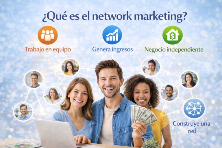 Ilustración educativa que explica qué es el network marketing mostrando un equipo de personas conectadas en una red de negocio, trabajo en equipo, generación de ingresos y emprendimiento independiente.