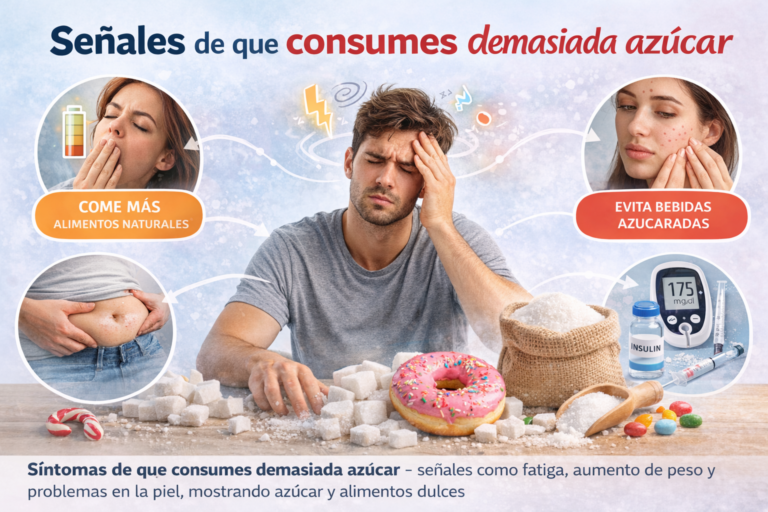 Señales como fatiga, aumento de peso y problemas en la piel, mostrando azucar y alimentos dulces.