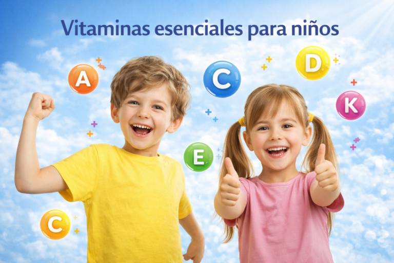 Niños felices con ilustraciones de vitaminas A, C, D, E y K representando vitaminas esenciales para niños que apoyan el crecimiento, el sistema inmunológico y el desarrollo saludable.